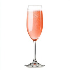Bellini cocktail in a champagne flute with peach puree and prosecco creating a soft pink hue isolated on white background elegant Italian drink 