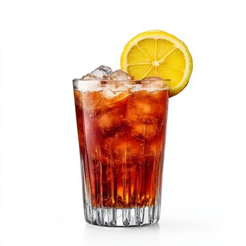 Asbach Cola cocktail with German brandy Asbach and cola served over ice with a lemon slice garnish isolated on white background strong and sweet 