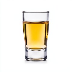 Bierschnaps shot served in a small glass with clear distilled beer spirit isolated on white background strong German tradition 