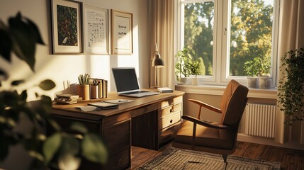 Fototapeta premium Relaxed remote work setup at home, featuring a cozy workspace, natural light, and a laptop on a wooden desk, peaceful and organized