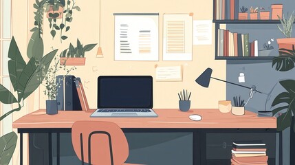 Relaxed remote work setup at home, featuring a cozy workspace, natural light, and a laptop on a wooden desk, peaceful and organized