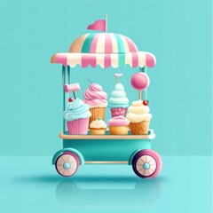 Sweet treats cart, pastel colors, summer background, food illustration, website design