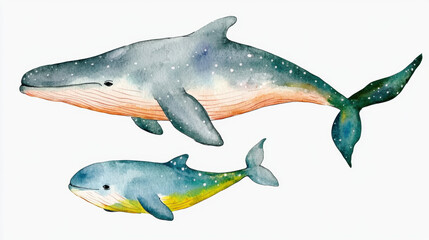 Fototapeta premium Blue whale, watercolor, Two watercolor whales, one large and one small, depicted in soft hues with starry accents against a light background.