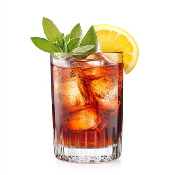 Cynar spritz served with artichoke liqueur sparkling water and lemon slice isolated on white background unique herbal Italian twist 