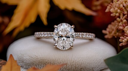 Elegant engagement ring displayed on a soft surface surrounded by autumn leaves and flowers in a warm, natural setting