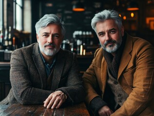 Fototapeta premium Two well dressed elderly men, sporting well groomed beards and vintage attire, convey timeless charm, exuding class and confidence in their poised expressions.