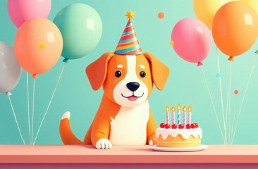 Fototapeta premium Dog in party hat sits at table with cake. Pet birthday.