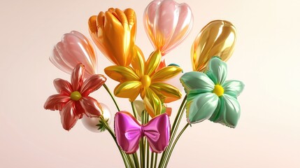 Vibrant bouquet of balloon - shaped flowers in assorted colors with a shiny bow, perfect for cheerful celebrations.