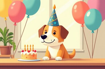 Obraz premium Dog in party hat sits at table with cake. Pet birthday.