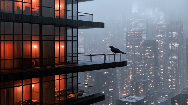 A solitary crow rests on the balcony of a towering high-rise, gazing out over a rainy cityscape bathed in twilight hues