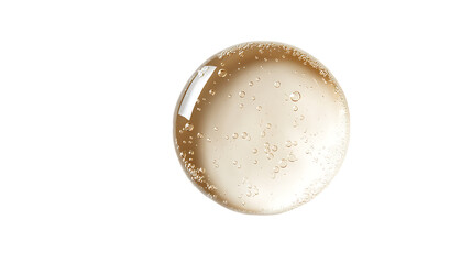 A close-up of a small, transparent sphere with a golden liquid inside, appearing to be a drop of oil or serum. The background is white.