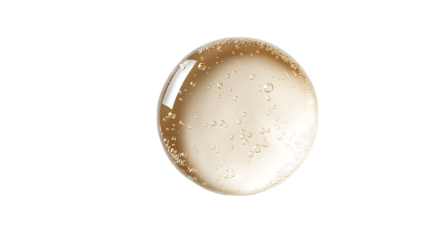 A close-up of a small, transparent sphere with a golden liquid inside, appearing to be a drop of oil or serum. The background is white.