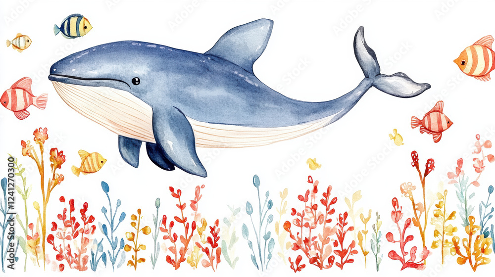 Sticker Blue whale, watercolor, A cheerful whale swims among colorful fish and vibrant sea plants in this whimsical watercolor illustration.