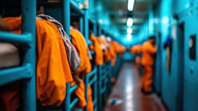 A crowded prison corridor lined with orange inmate uniforms on bunk beds, depicting the harsh realities of incarceration within a stark and utilitarian environment.