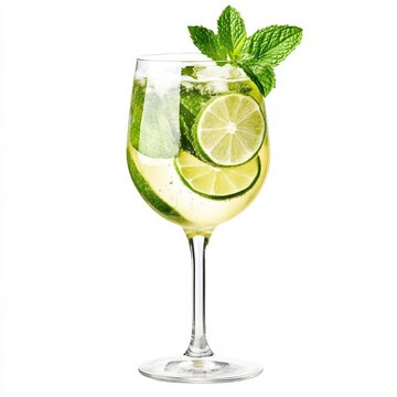 Hugo cocktail with elderflower syrup prosecco sparkling water mint leaves and lime slices isolated on white background refreshing herbal delight 