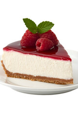 A creamy cheesecake with a raspberry topping, placed on a white plate. Transparent background


