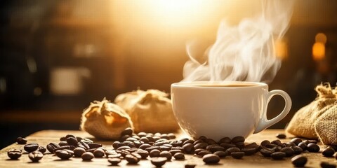 Obraz premium Morning coffee cafe and shop. Steaming coffee cup surrounded by beans and bags, illuminated by warm light.