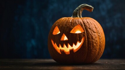 Halloween Pumpkin, Spooky Halloween Jack-o'-Lantern with Carved Evil Smile, Close-up picture of scary halloween pumpkin with evil smile on black background