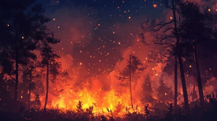 Fiery Night Scene in a Forest Under Starry Sky