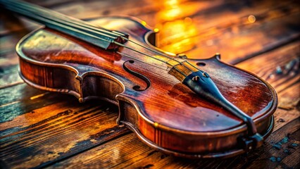 Vintage Violin Detail: Shadowy Close-up with Bokeh, Scratched Wood Texture