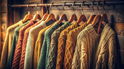 Obraz premium Vintage Warm Knit Sweaters Hanging in a Closet - Cozy Autumn Fashion Stock Photo
