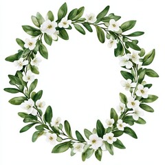 Fototapeta premium Olive branch wreath with delicate white flowers intertwined isolated on white background symbol of peace and Easter 