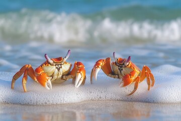 two adorable crabs playfully perched on a sandy beach, surrounded by gentle waves, showcasing their vibrant shells in a delightful and whimsical coastal setting
