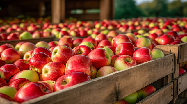 Rows of wooden crates filled with fresh red and green apples at harvest time in an orchard