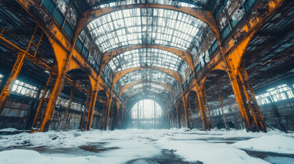 Obraz premium Abandoned industrial building reveals haunting beauty with ice and snow in a wide interior space