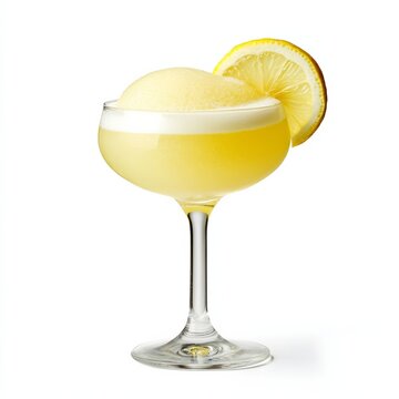 Sgroppino cocktail in a coupe glass with lemon sorbet prosecco and vodka mixed to create a frothy texture isolated on white background refreshing delight 