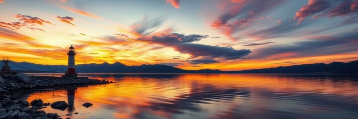Fototapeta premium A tall, slender lighthouse stands on a rocky shore at sunset