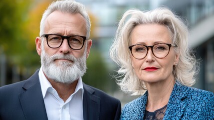 Mature couple business portrait, city background, professional headshot