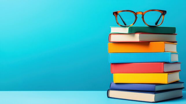 stack of colorful textbooks with glasses on top against blue background