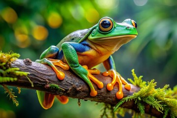 Fototapeta premium Wallace's Flying Frog Perched on Branch - Rainforest Wildlife Stock Photo