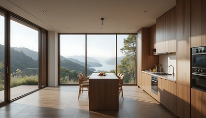 A stylish kitchen with minimalist wooden cabinetry, a cozy dining space, and large windows framing a picturesque natural view.