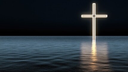 A softly illuminated cross floats gently on the surface of tranquil water at night, creating an incredibly serene and peaceful atmosphere all around