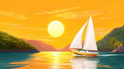 Fototapeta premium A serene sunset scene with a sailboat gliding through calm waters.
