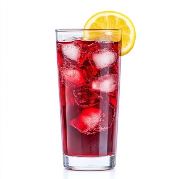 Traditional tinto de verano in a tall glass with red wine lemon soda and ice cubes isolated on white background light Spanish refreshment 