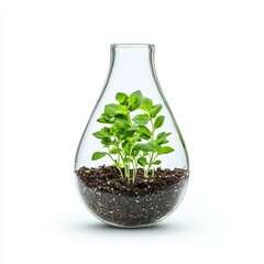Water droplet shaped glass ornament filled with tiny plants and soil isolated on white background Earth Day nature preservation 