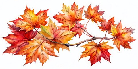 Watercolor Autumn Maple Branch Clipart: Isolated Red & Orange Leaves for Fall Designs