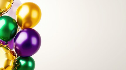 Colorful balloon cluster in gold, green, purple and white for festive and celebratory designs. Mardi Gras theme.