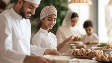 Family Preparing Festive Eid Meal with Traditional Dishes