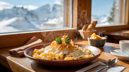 Hearty Älplermagronen with crispy onions served with an alpine mountain view