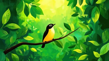 Fototapeta premium A vibrant bird perched on a branch amidst lush green foliage, evoking a serene nature scene.