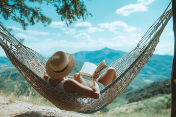 Experience a Serene Summer Retreat Enjoy ultimate relaxation and engage in reading while lounging in a hammock that is enveloped by the breathtaking beauty of nature all around you
