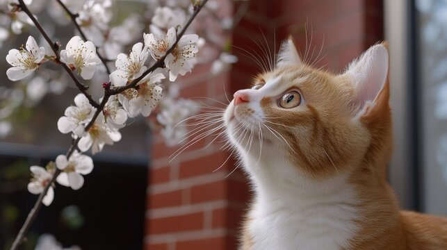 On a pleasant warm spring day, a curious cat gazes in awe at the beautiful cherry blossoms in full bloom near a charming brick building
