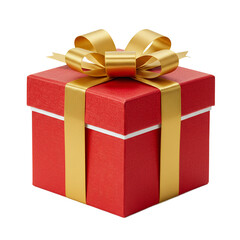 Red gift box, gold ribbon, festive bow.  Holiday present.