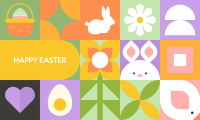 Trendy Minimalist Modern Colorful Easter Geometric Pattern with Easter Icons Flat Illustration. Design for Wrapping Paper, Background, Poster, Card, Packaging, Wallpaper, and Many More.