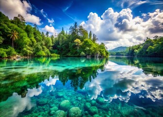 Obraz premium West Papua Lake: Double Exposure of Pristine White Sand Beach & Tranquil Water