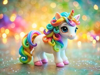 Fototapeta premium Whimsical Rainbow Unicorn Figurine: Colorful Swirls & Sparkling Eyes - Cute Fantasy Stock Photo